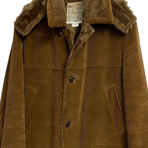 Vintage House of Peerless Heavy Corduroy Jacket Coat Men's 42 Brown/Tan Faux Fur - Picture 3 of 16